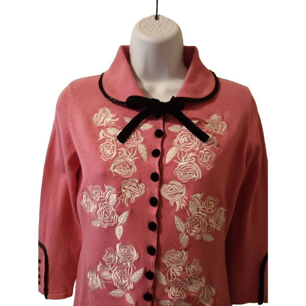 Embroidered Rose Button-Up Cardigan - Coral with Black Trim - Picture 8 of 14